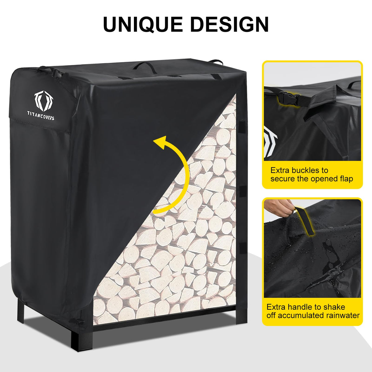 TitanCovers 600D Oxford fabric provides waterproof protection for firewood racks.