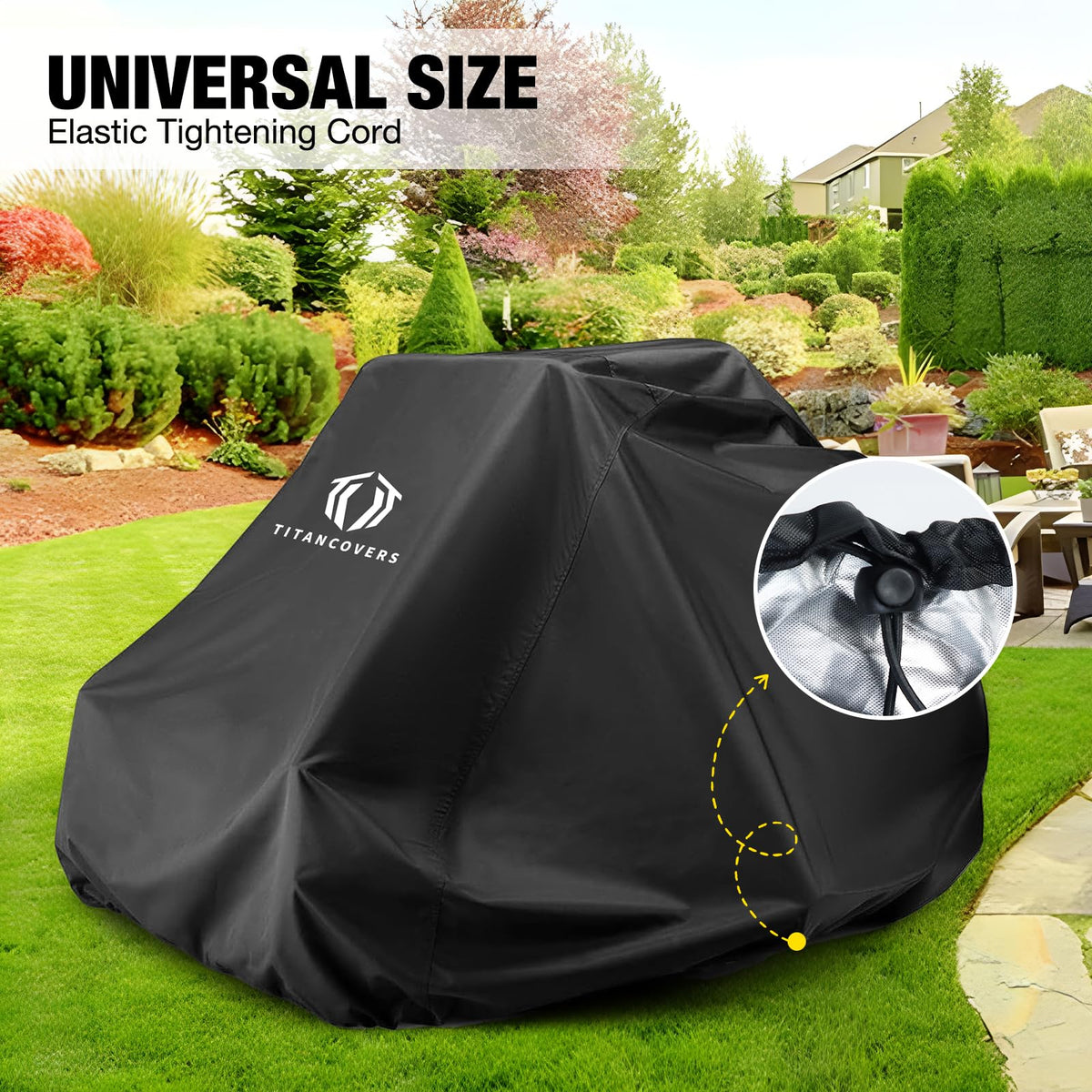 Titancovers universal-fit mower cover accommodates brands like John Deere Husqvarna and Toro.