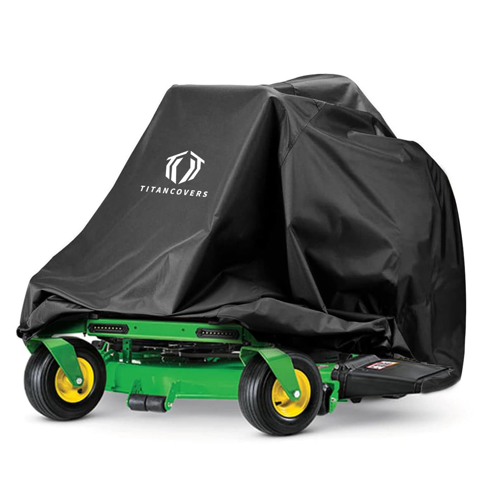 Titancovers zero turn mower cover on grass protects from rain and dust, extending mower durability.
