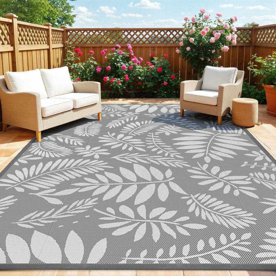 TitanCoziest leaf-gray outdoor rug boosts durability for busy patios and decks.