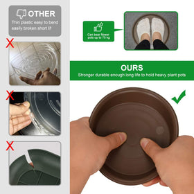 TITE brown plant saucer demonstrates indoor-outdoor versatility and aesthetic compatibility.