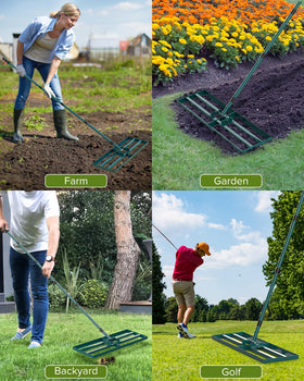 TITECK rake in action leveling soil for a polished yard