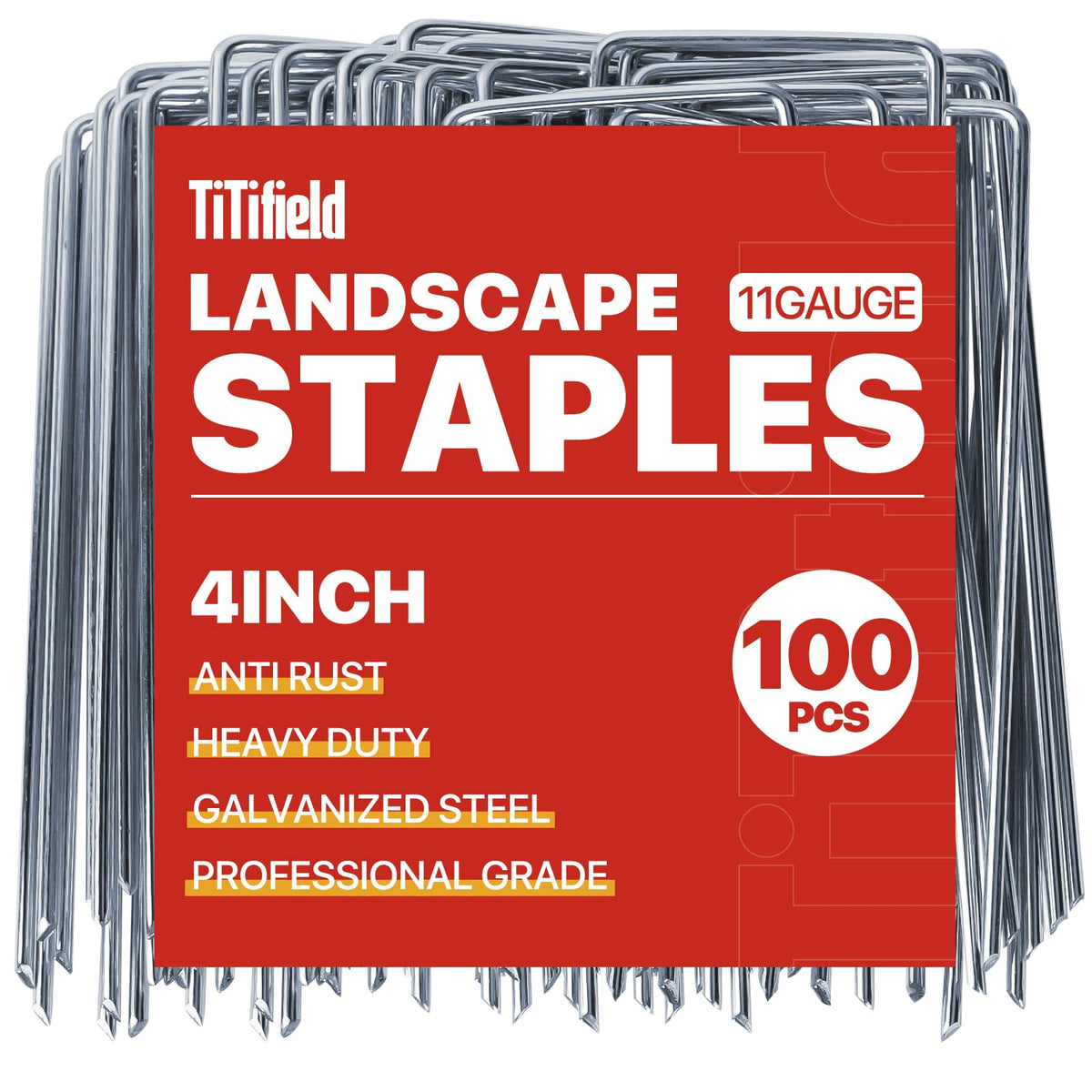 TiTifield 4 inch landscape staples securing landscape fabric in a 100-pack