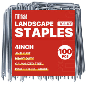 TiTifield 4 inch landscape staples securing landscape fabric in a 100-pack