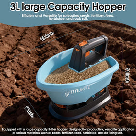 TITIUNCLE 3L electric spreader hopper capacity shows up to 6400 sq ft coverage