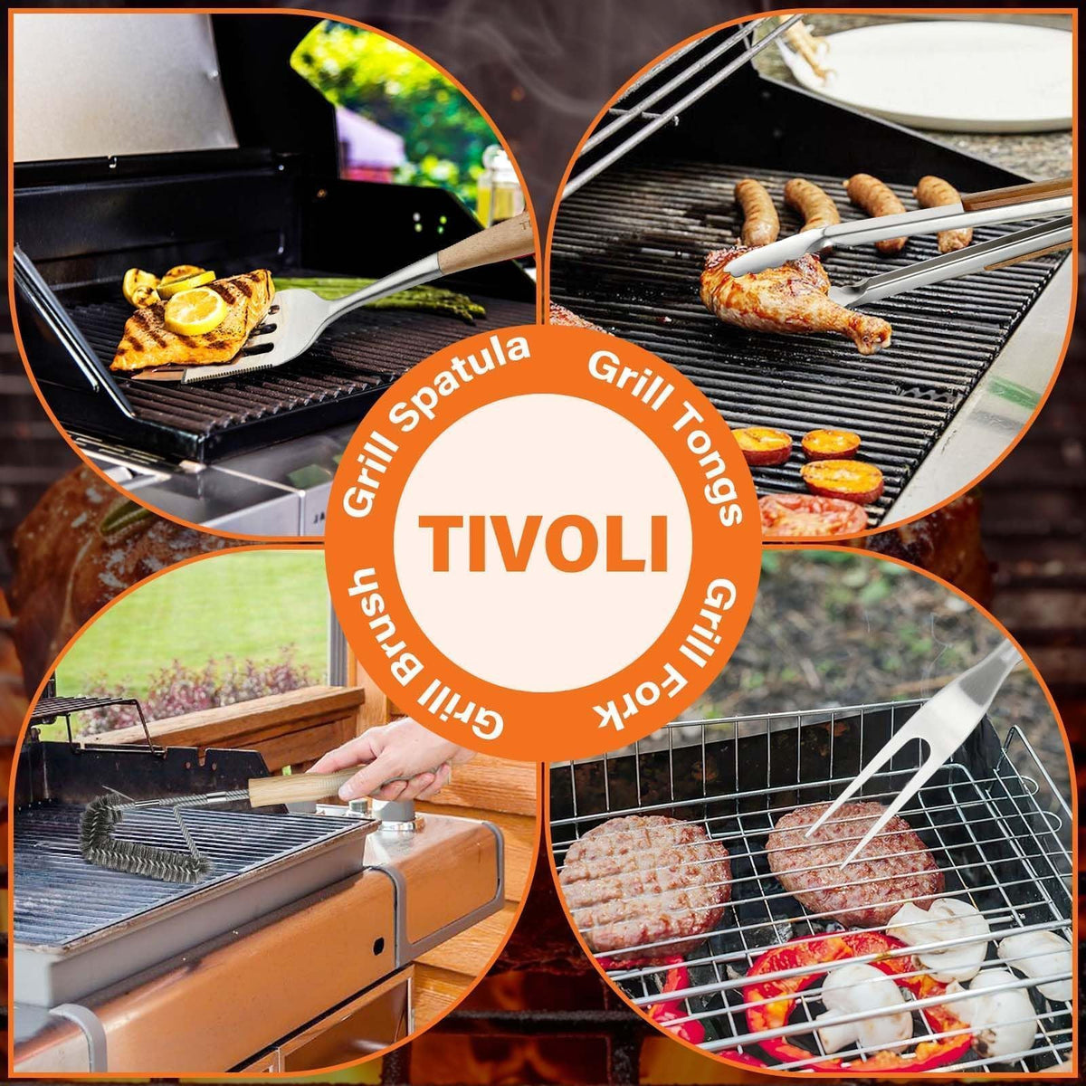 TIVOLI hanging-storage design keeps tools within reach on outdoor grills.