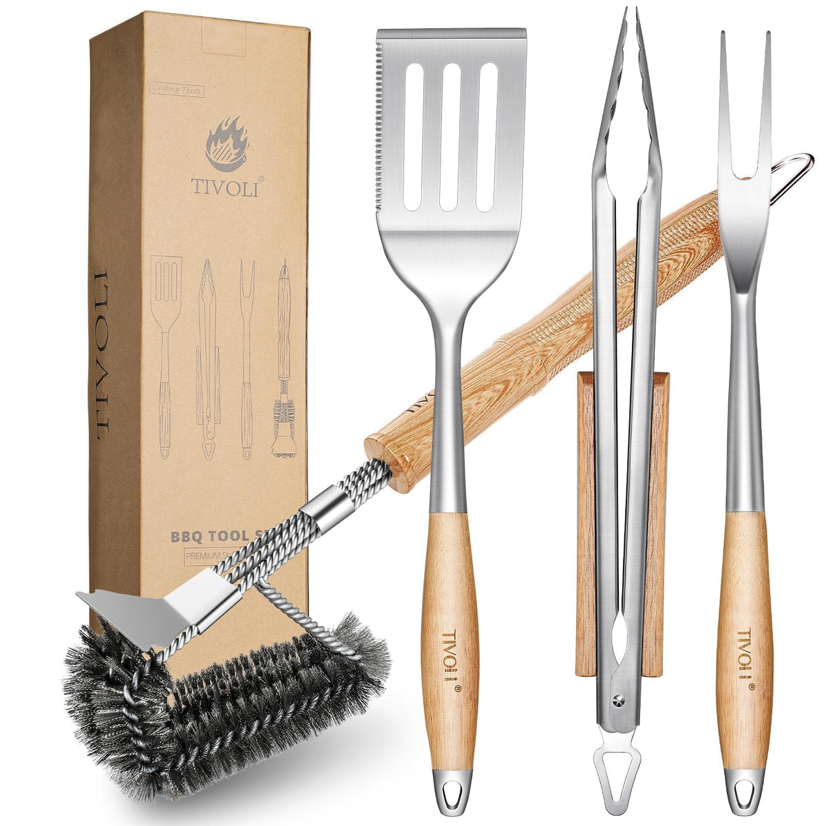 TIVOLI grilling spatula with stainless steel blade and wood handle for precise turning.