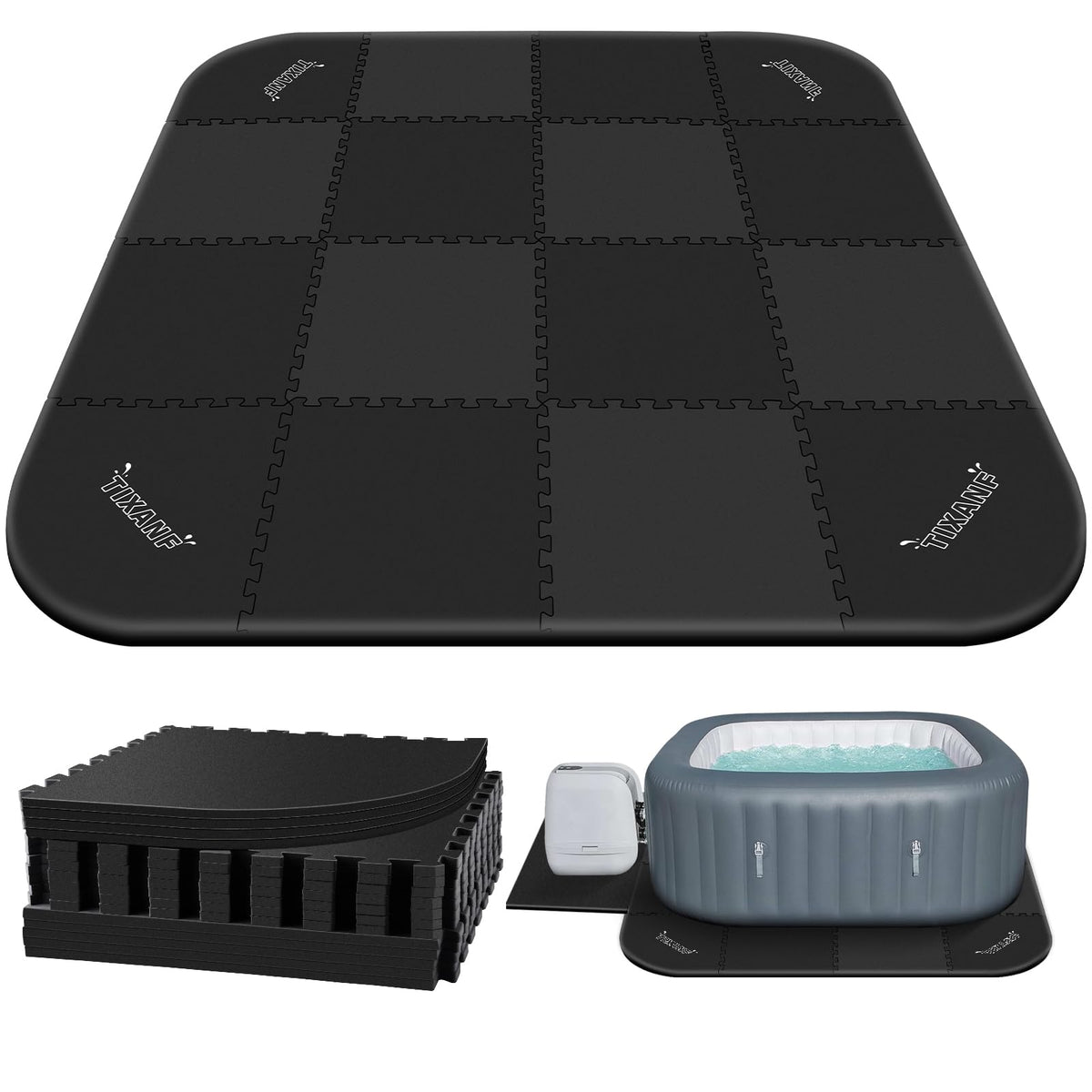 TIXANF hot tub mat covering a large 85 by 85 inch area for protection