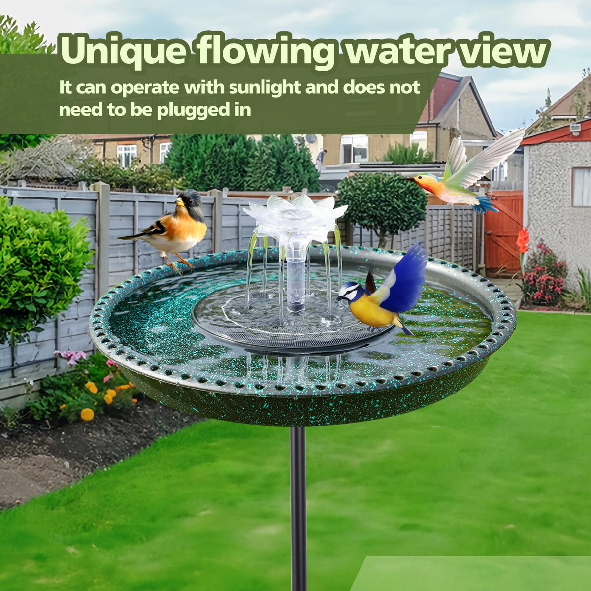 TIYIAWI Bird Bath with 5-prong base provides stable outdoor placement for windy days.