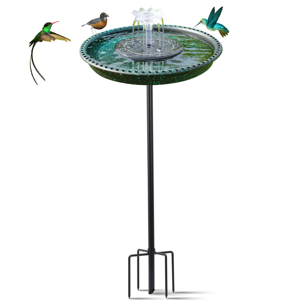 TIYIAWI Bird Bath with solar fountain nozzle attracts hummingbirds and creates a tranquil garden focal point.