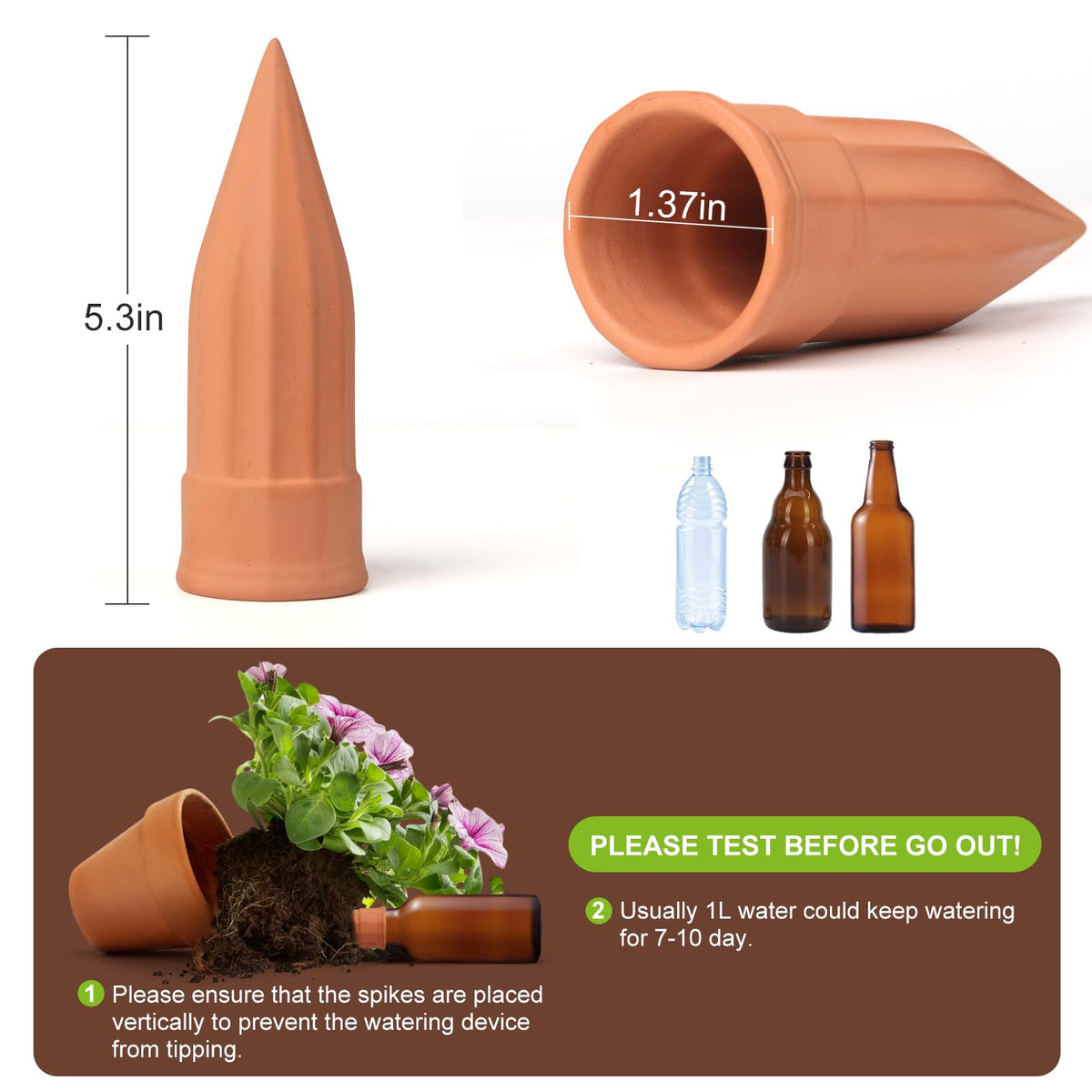 TKSCUSR self-watering spike attached to a long-neck bottle for travel irrigation.