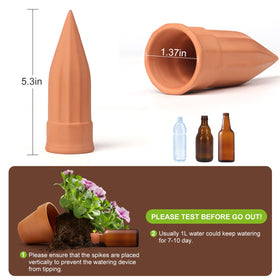 TKSCUSR self-watering spike attached to a long-neck bottle for travel irrigation.