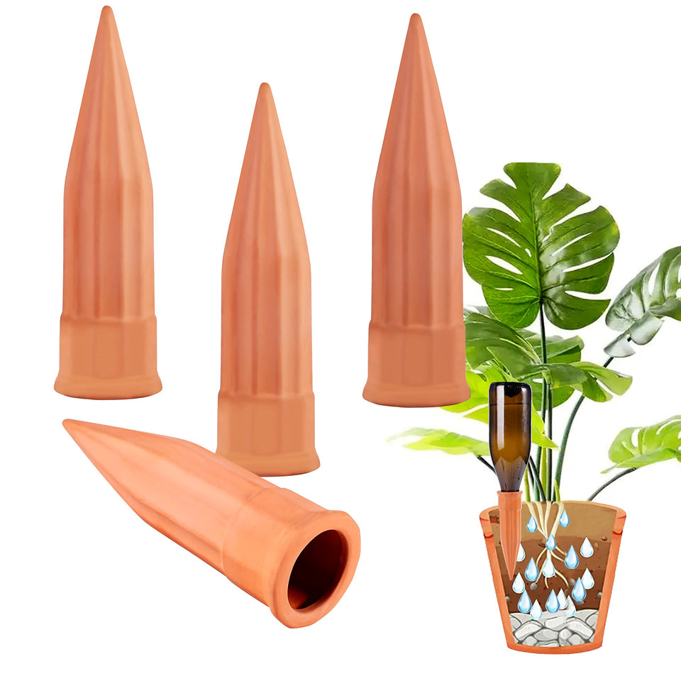 TKSCUSR self-watering spike in a terracotta pot maintains steady moisture.
