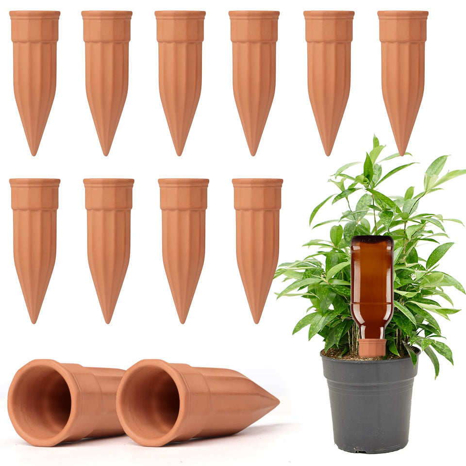 TKSCUSR watering spike terracotta setup in a potted plant for steady moisture.