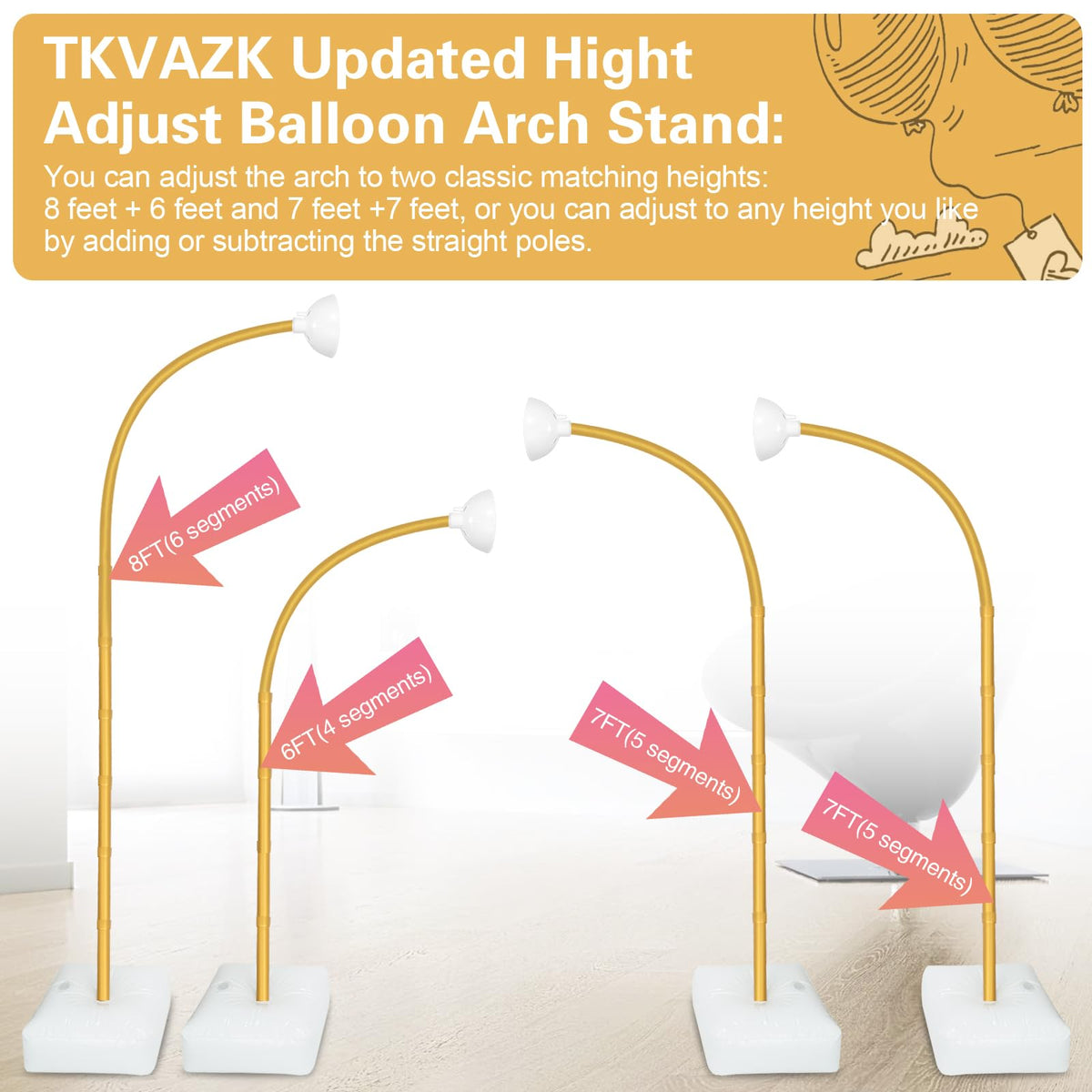 TKVAZK all-in-one balloon arch kit contents for quick, complete setup.