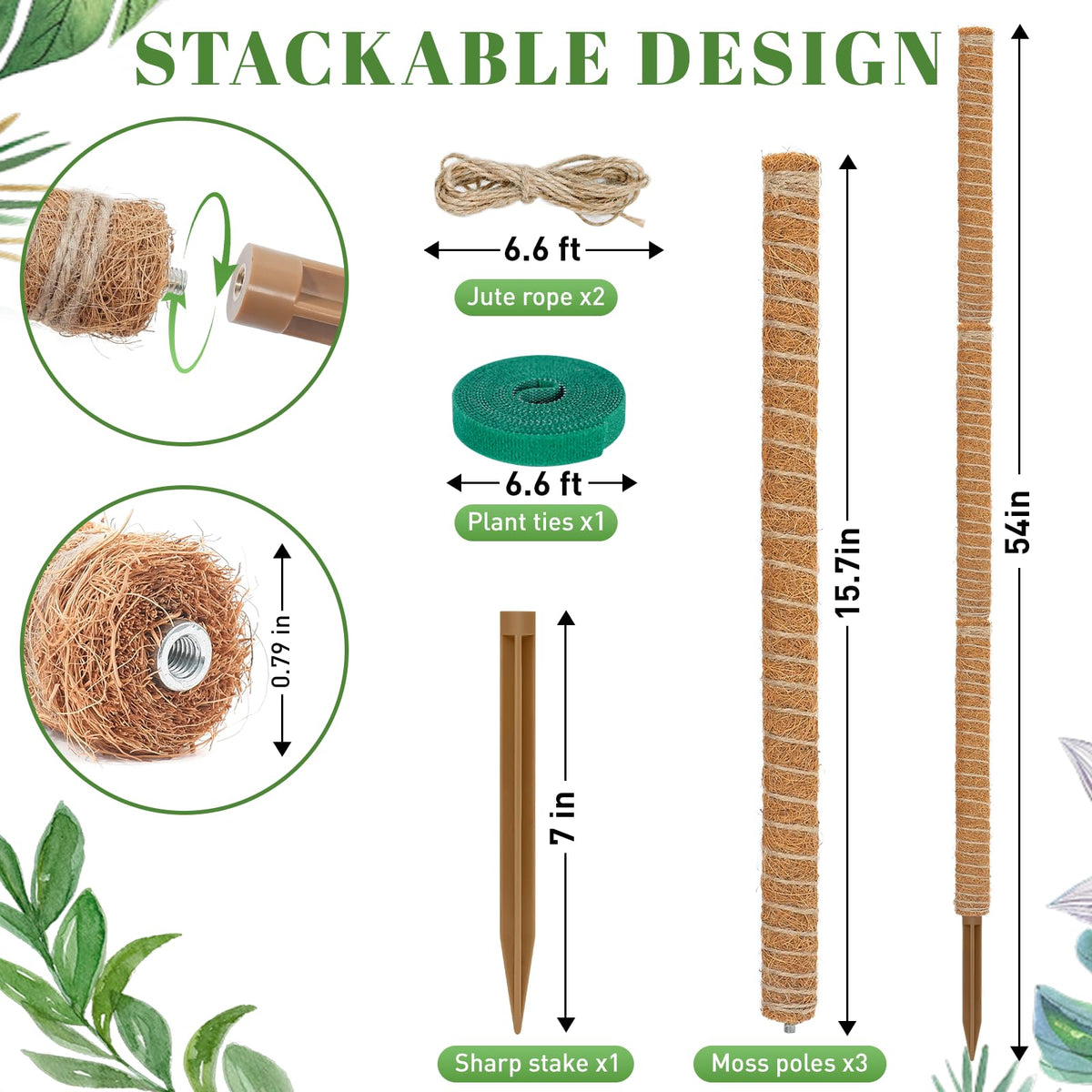 tlazz 54inch moss pole coco coir close-up highlights natural texture and moisture retention for healthier climbs.