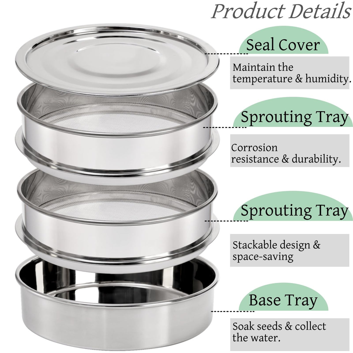Tlence three-tier stackable sprouting setup displayed on a kitchen counter.