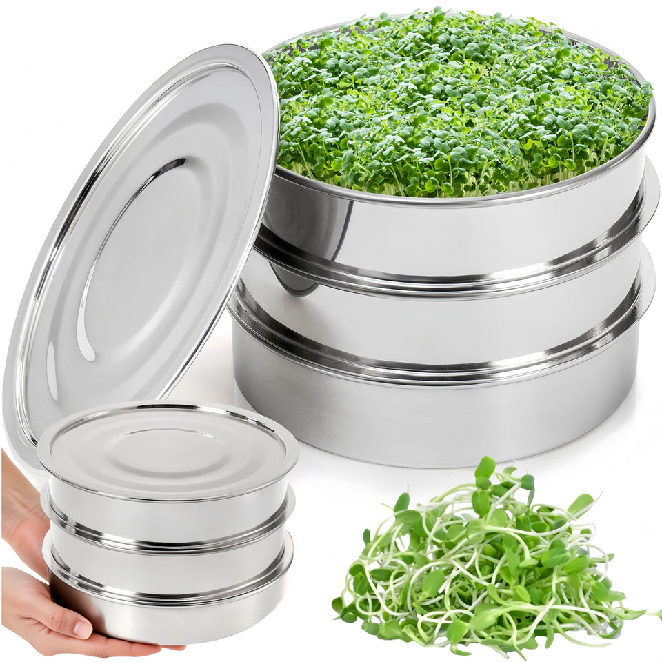 Tlence seed sprouting kit assembled on counter with three tiers for efficient growing.