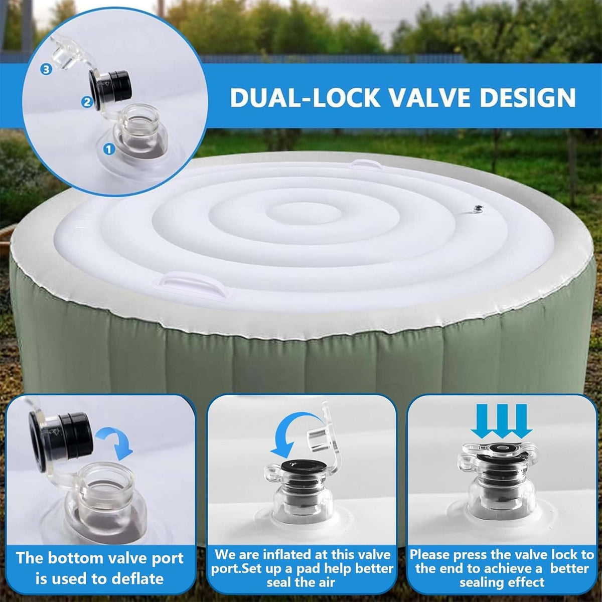 Tlswshsy round hot tub cover inflates quickly to shield tub from rain.