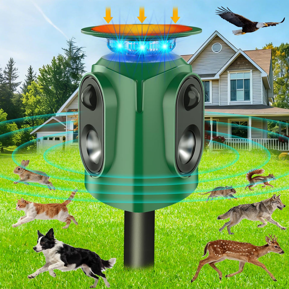 TLXLT Ultrasonic Animal Repeller outdoors with PIR sensors for 360° pest protection.