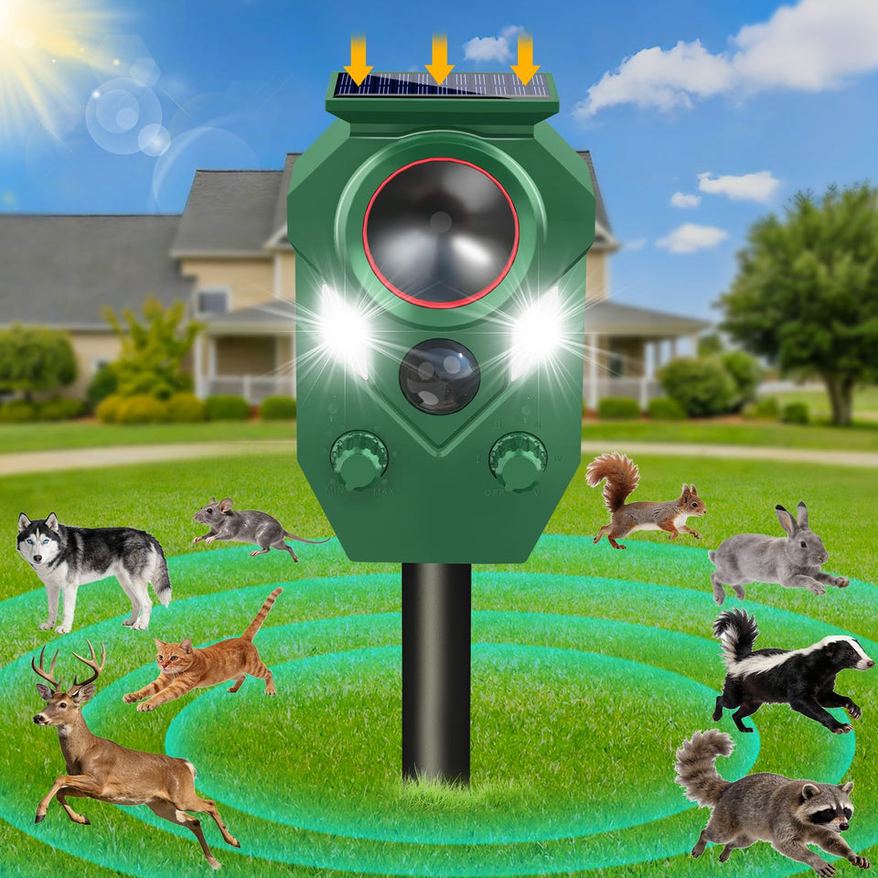 TLXLT Ultrasonic Animal Repeller solar unit deters pests with motion-activated sound.