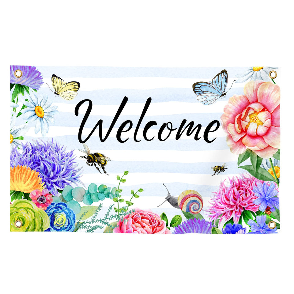 TMDEX Welcome Spring flag with flowers and butterflies for garden decor, adds seasonal charm.