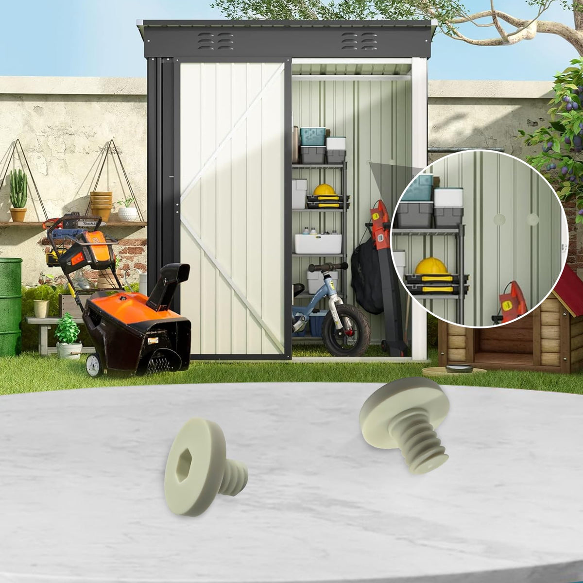 TMQZLN replacement bolt securing a corner of a resin shed
