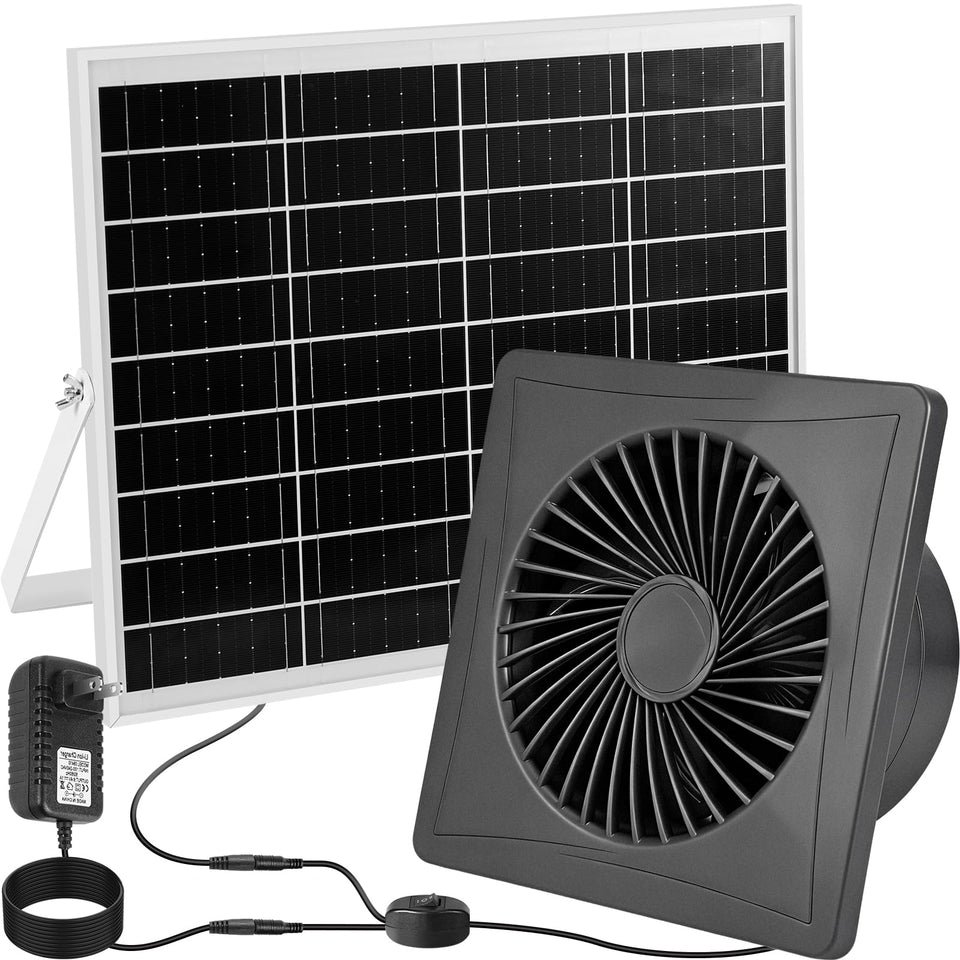 TNELTUEB solar exhaust fan front view delivering strong airflow for sheds