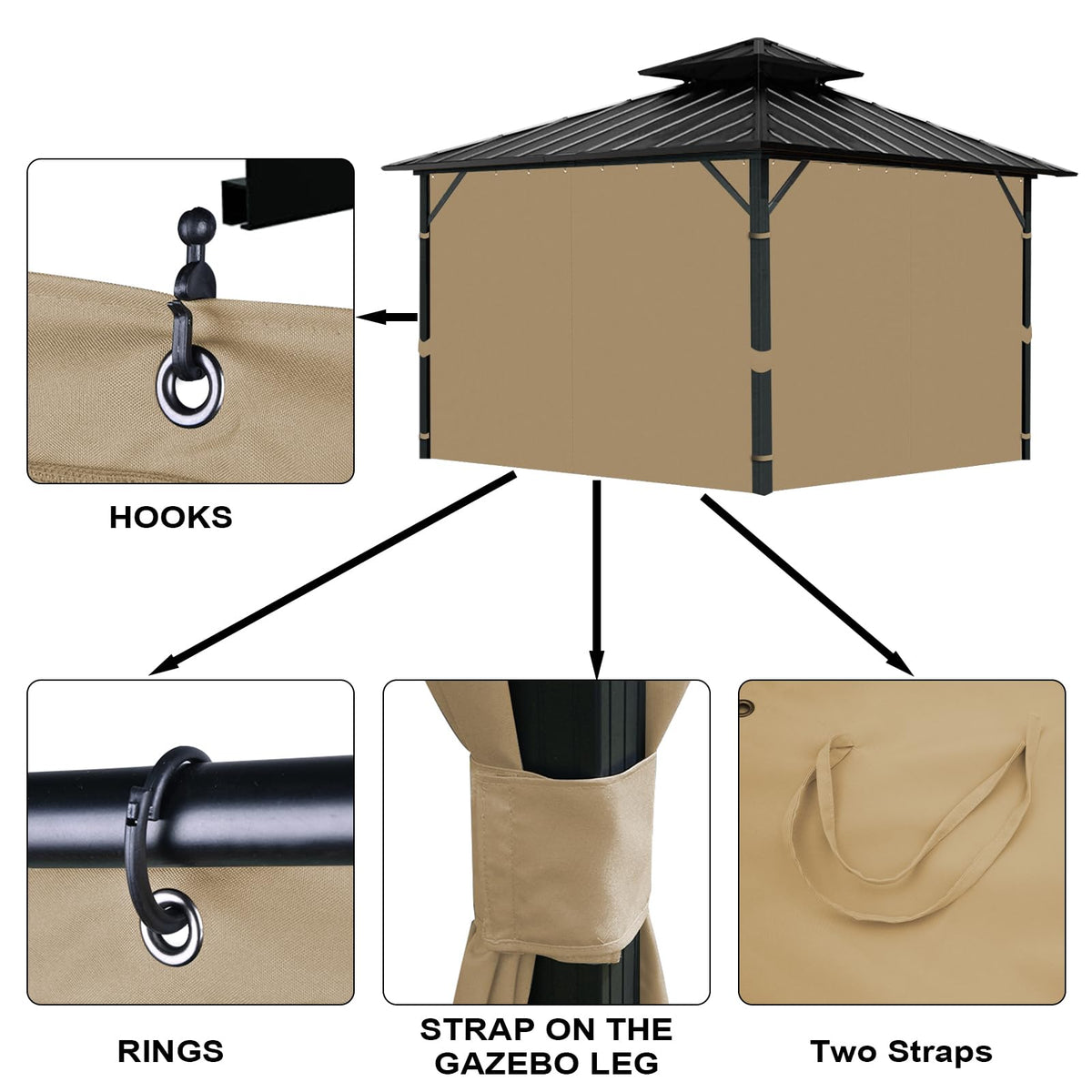 Tngan gazebo curtain durable polyester resists sun and moisture.
