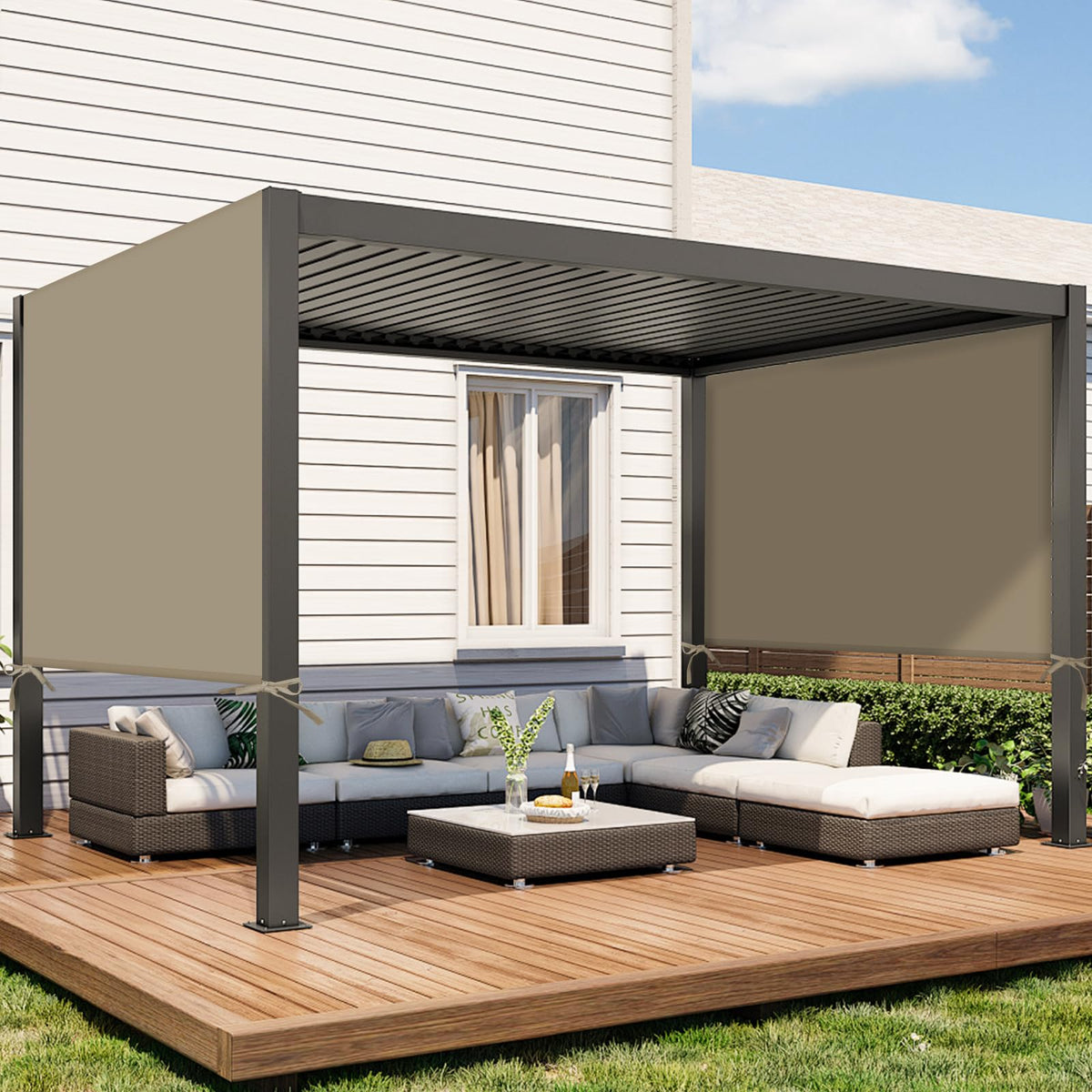 Tngan canopy enhances a cafe patio, offering versatile shade for customers and staff.
