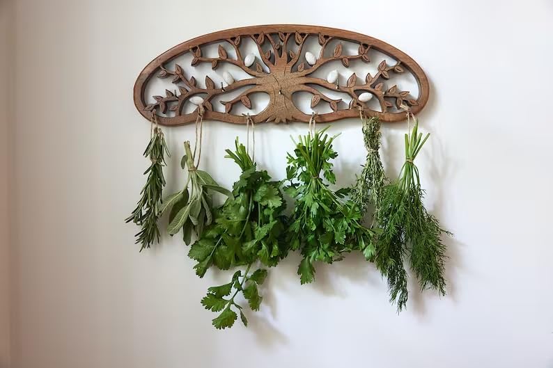 Tnstbiee Tree of Life drying rack installed on wall blending rustic kitchen decor
