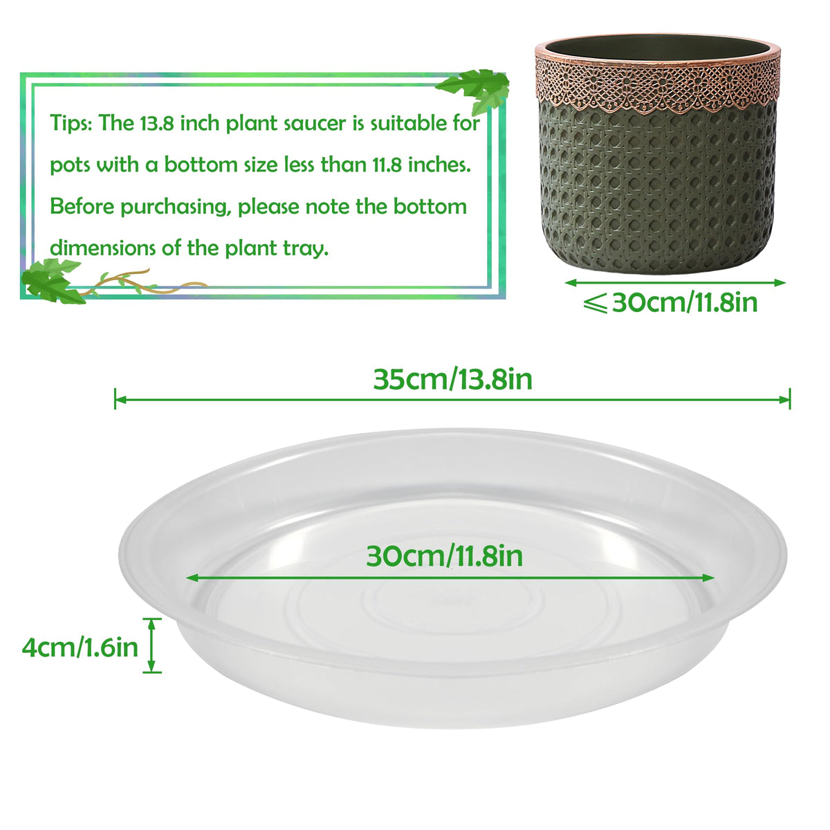 TNTIWQ 14-inch round plant saucer clear side edge showing deep well for drainage.