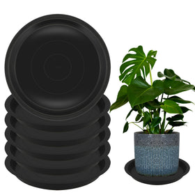 TNTIWQ 6-pack 12-inch round plant saucers, top view, durable black plastic that protects surfaces.