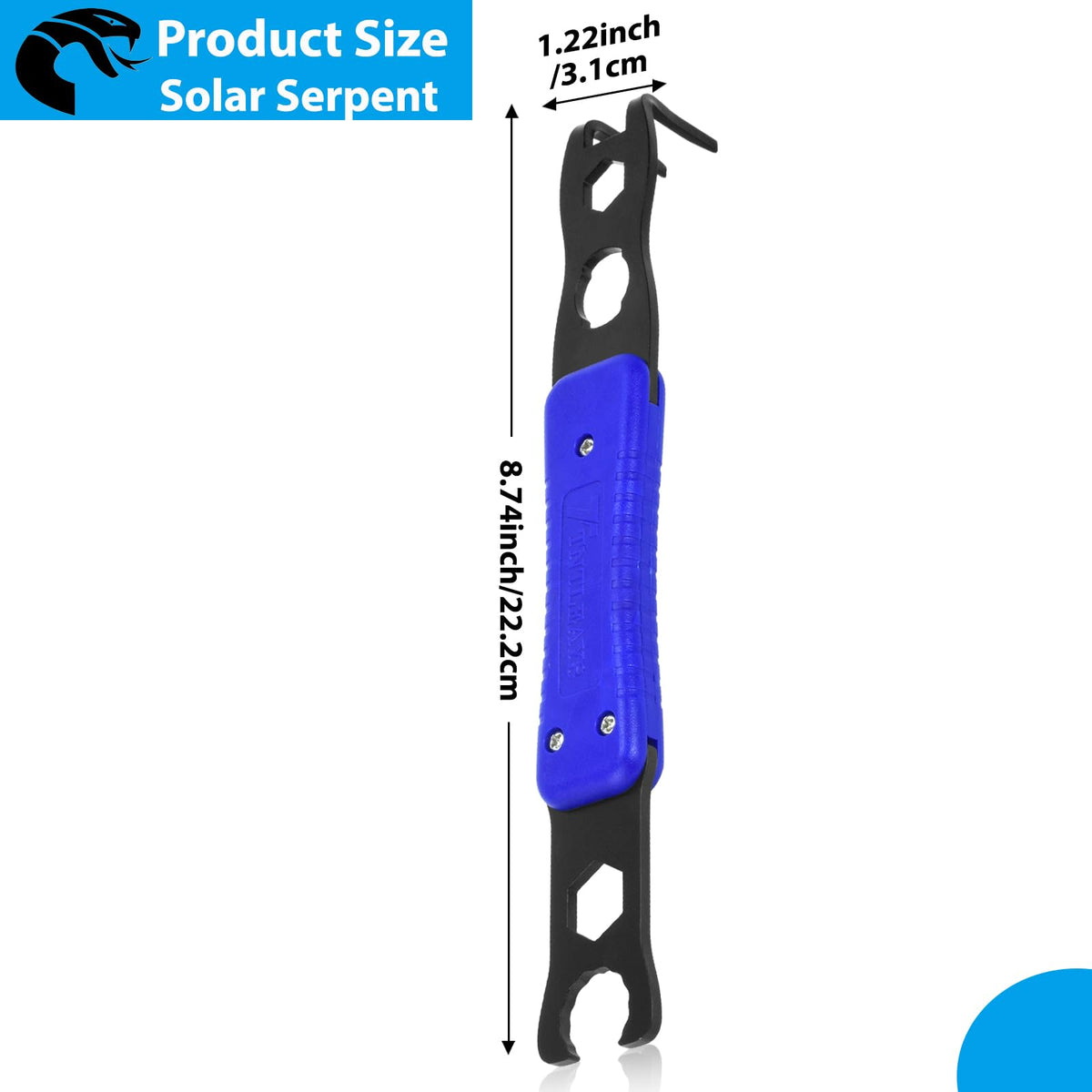 Side view of Tntleays MC4 disconnect tool with built-in wrenches.