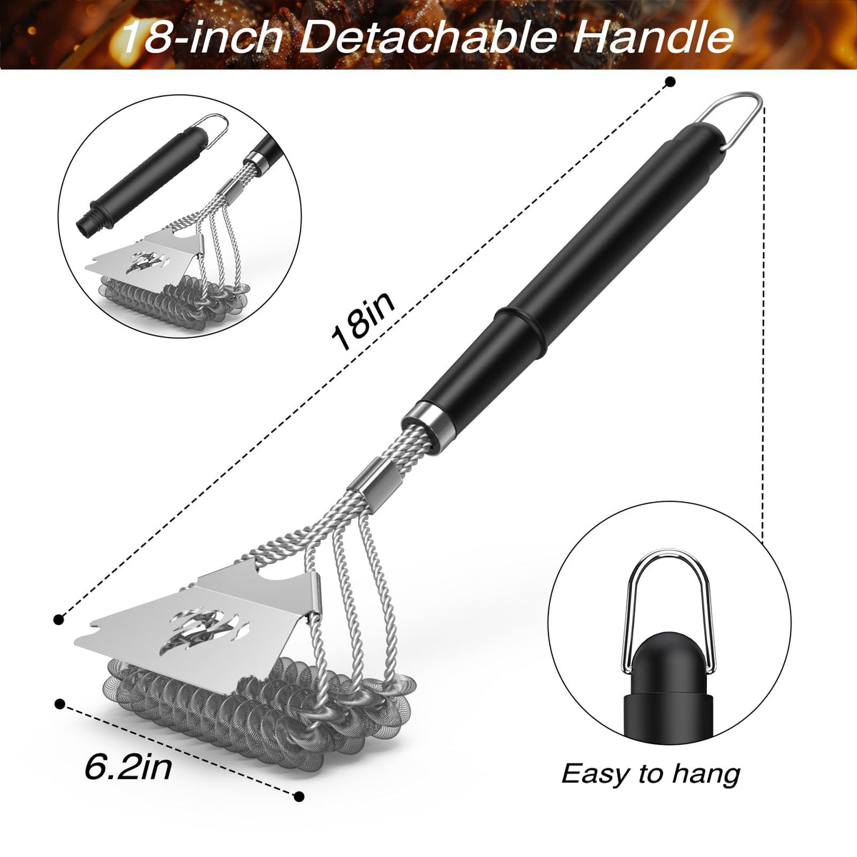 TNTOR 18-inch detachable handle grill brush for extended reach