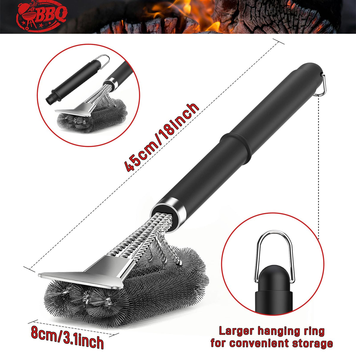 TNTOR grill brush with hanging loop for convenient storage after use
