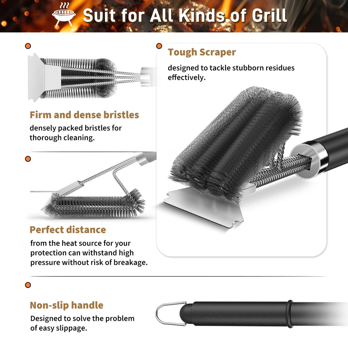 TNTOR grill cleaner compatible with charcoal, smoker, and porcelain grills