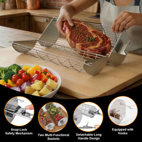 TNTOR Rolling Grill Basket inside-mesh highlights reinforced 1 mm wire mesh