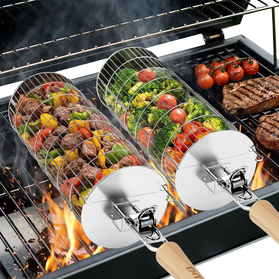 TNTOR Rolling Grill Basket outer view shows durable outdoor cooking design