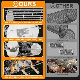 TNTOR Rolling Grill Basket rolling-mechanism illustrates even heating during turning