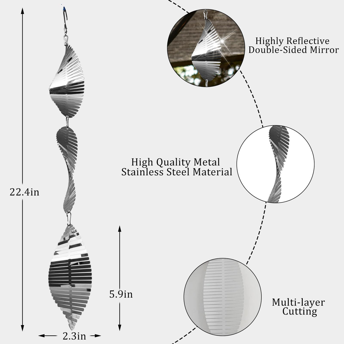 ToBeAce stainless steel wind spinner closeup shows polished metal that shines in sunlight.