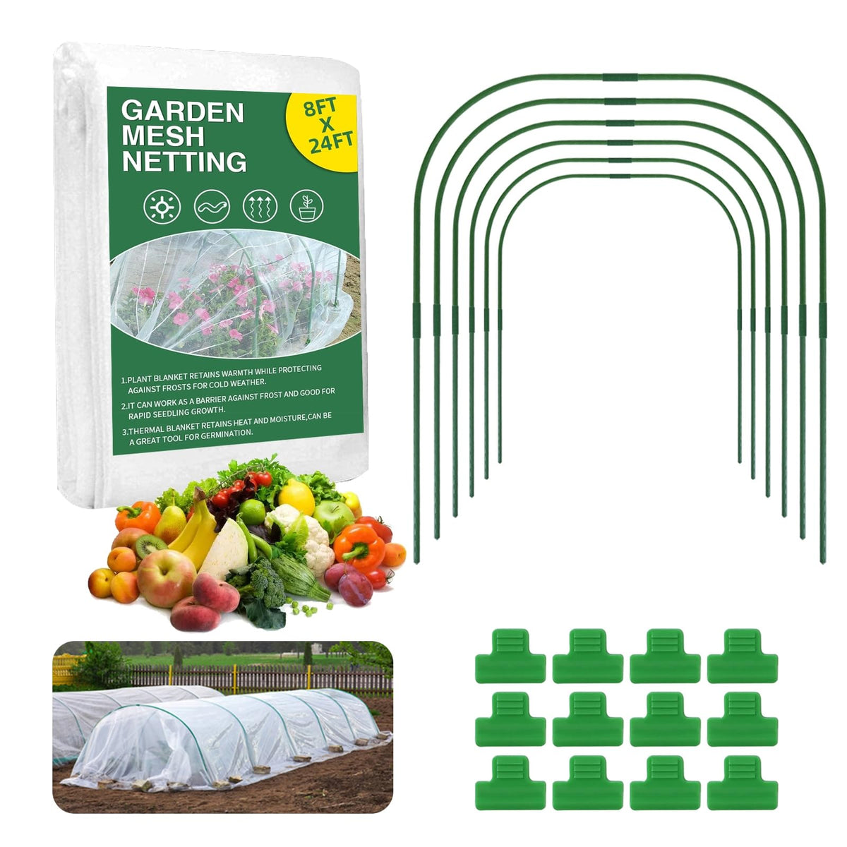 TOCCYARD garden netting kit 8x24ft mesh protects vegetables from pests while keeping air circulation