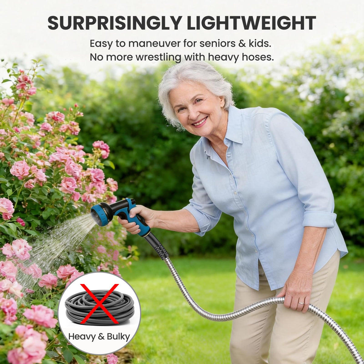 Tocebe metal garden hose 10-function nozzle offers versatile spraying options.