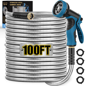 Tocebe metal garden hose 100ft, coiled, ready for durable outdoor watering.