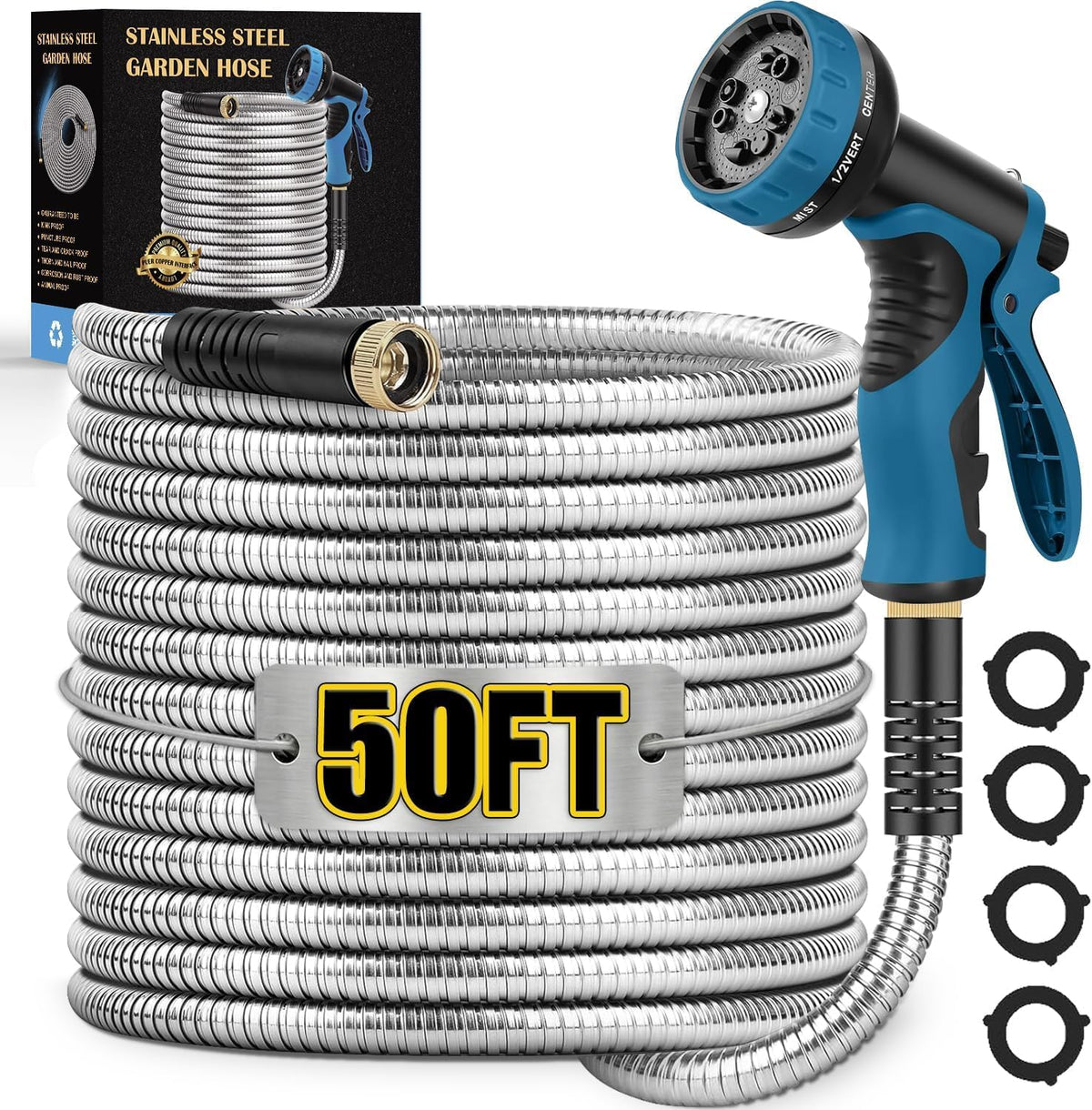 Tocebe metal garden hose 50ft coil for durable storage and steady flow.