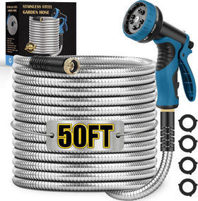 Tocebe metal garden hose 50ft coil for durable storage and steady flow.