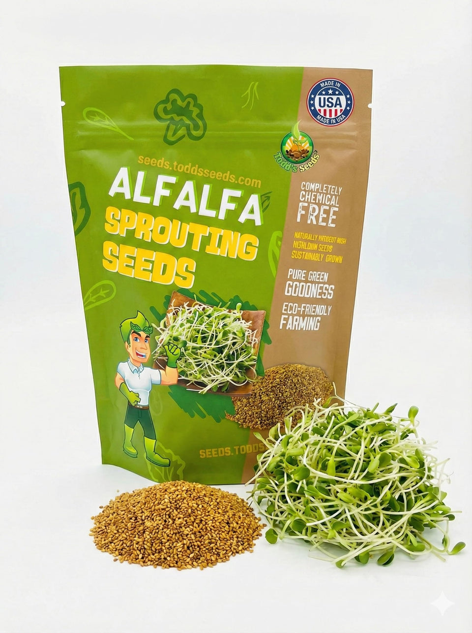 Todd's Seeds alfalfa sprouting seeds packaging, ideal for easy at-home sprouting