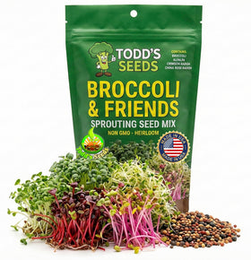 Todds Seeds broccoli and friends mix package showing four-seed blend for fresh sprouts