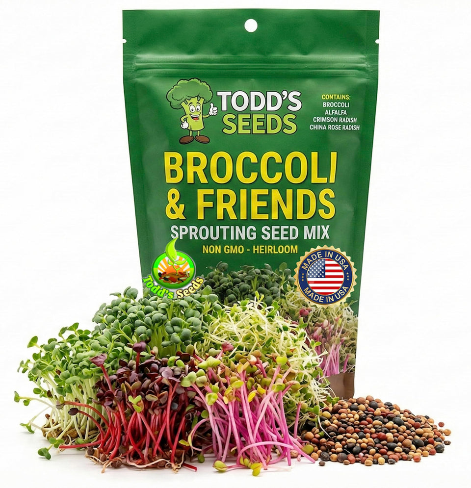 Todds Seeds broccoli and friends mix package showing four-seed blend for fresh sprouts