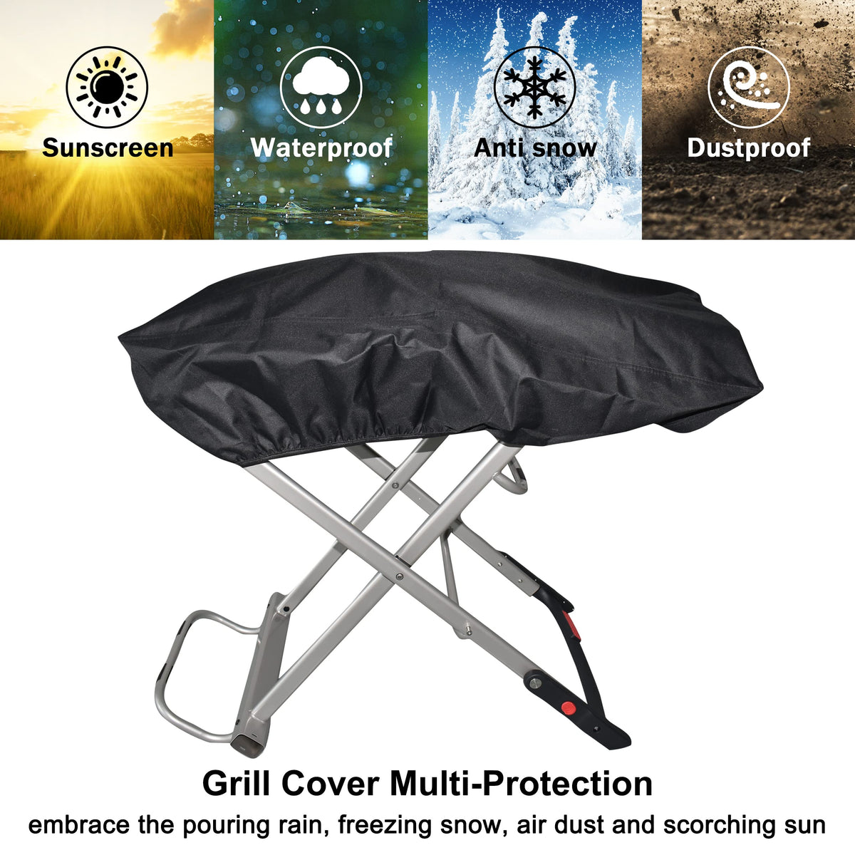 Perfect-fit TOHONFOO grill cover on Weber Traveler at a glance